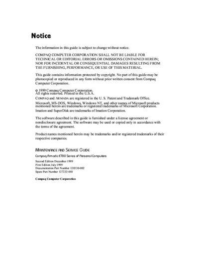 COMPAQ Compaq Armada E700 Series Compaq Armada E700 Series service manual